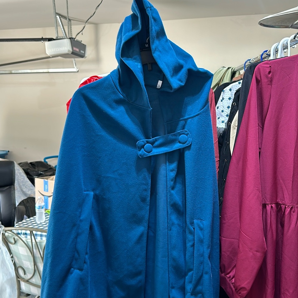 Women short Hooded Woolen Cloak Solid Color Vintage Blue